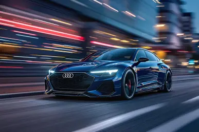 Une Audi RS6 2025 hybride ou électrique capturée au crépuscule dans un cadre urbain moderne, avec des lumières de ville reflétées sur sa surface.