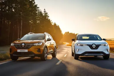 Deux SUV, Dacia Bigster et Renault Symbioz, sur une route de campagne en fin d'après-midi.