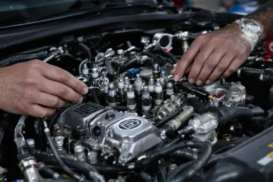 Un mécanicien ajuste des composants du moteur d'une voiture dans un garage bien éclairé.