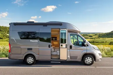 Le camping-car Fleurette Migrateur 69 LJG est stationné sur une route de campagne pittoresque, entouré de verdure.