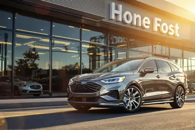 Une voiture Ford neuve garée devant une concession moderne sous le soleil.