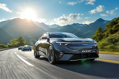 La Kia EV4 GT roule sur une route de montagne avec un ciel bleu.