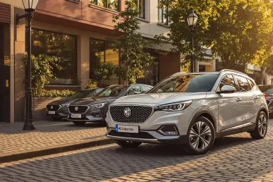 Les modèles électriques et hybrides de MG sont garés dans un cadre urbain moderne et ensoleillé.