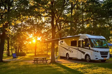 Un camping-car moderne garé dans un camping verdoyant au coucher du soleil.
