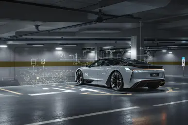 Une voiture Nio utilisant ses fonctionnalités de stationnement intelligent dans un parking souterrain moderne.