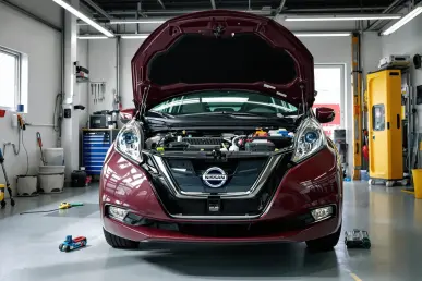 Une Nissan Leaf dans un garage avec le capot ouvert et des outils visibles.