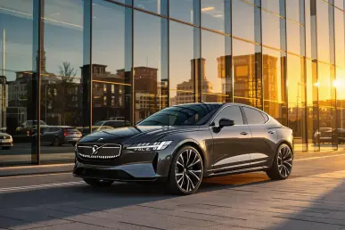 La Polestar 2 électrique devant un immeuble moderne au coucher du soleil.