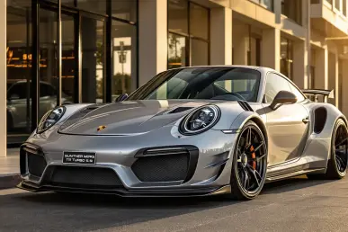 Une Porsche 911 Turbo S argentée avec kit carrosserie Gunther Werks devant des bâtiments modernes.