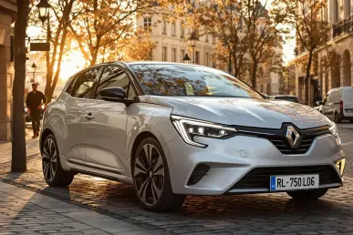 La Renault Clio 6 2026 stationnée dans une rue parisienne au coucher du soleil.