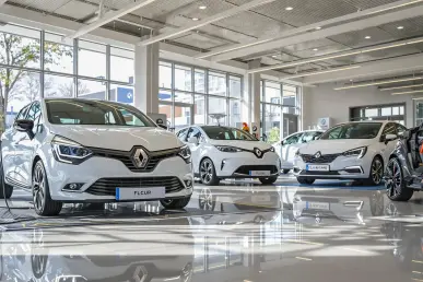 Une Renault Clio brillante au premier plan avec une Ford Fiesta électrique en arrière-plan dans un showroom lumineux.