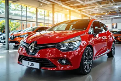 La Renault Clio rouge est mise en avant dans un showroom moderne et lumineux.