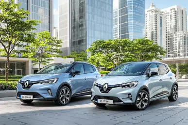Les nouvelles Renault 5 et 4 électriques sont garées dans un cadre urbain moderne, illuminées par la lumière du jour.