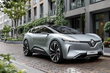 La Renault Symbioz 2025 est garée dans une rue urbaine moderne, mettant en valeur son design futuriste.
