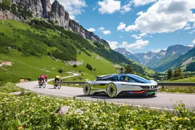 La voiture conceptuelle Skoda Academy est garée sur une route de montagne avec des cyclistes en arrière-plan.