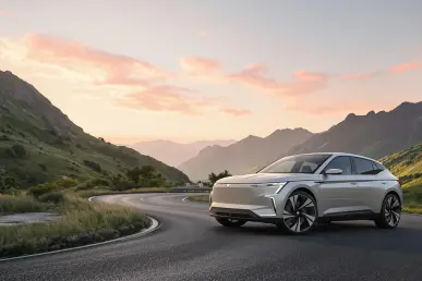 La Skoda Elroq est garée sur une route de montagne au lever du soleil, entourée de montagnes verdoyantes et d'un ciel clair.