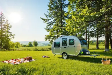 La mini-caravane Teardrop Highway Lite est stationnée dans un pré verdoyant sous un ciel bleu.