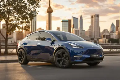 La Tesla Model Y compacte, bleu métallisé, stationnée devant une skyline urbaine au coucher du soleil.