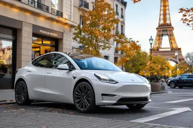 Une Tesla Model Y blanche stationnée à Paris près de la Tour Eiffel, reflétant les lumières urbaines.