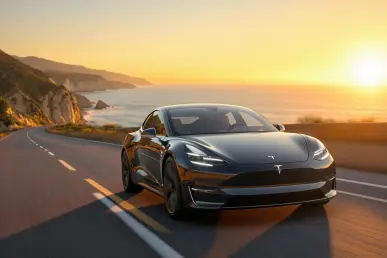 Une Tesla électrique roule sur une route côtière au coucher du soleil, avec l'océan et des falaises verdoyantes en arrière-plan.