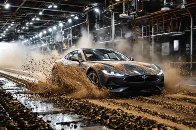 Une voiture moderne sur une piste de test avec de la poussière et de la boue, entourée de techniciens en observation.