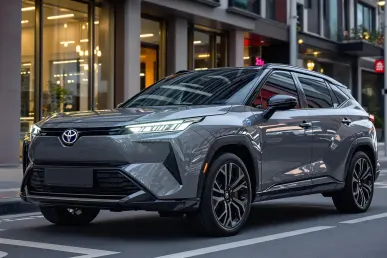 Un SUV Toyota Urban Cruiser électrique stationné dans une rue urbaine moderne.