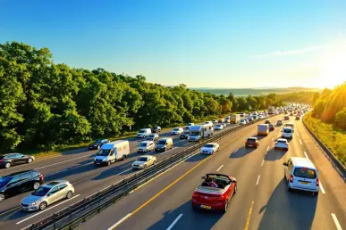 Une autoroute française animée en juillet avec divers véhicules en route pour les vacances.