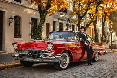 Une voiture ancienne rouge sur rue pavée, éclairée par la lumière dorée du soir.