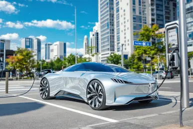 Une voiture électrique moderne se recharge à une station en ville sous un ciel bleu.
