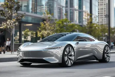 Une voiture électrique moderne est garée dans un cadre urbain sous la lumière naturelle.
