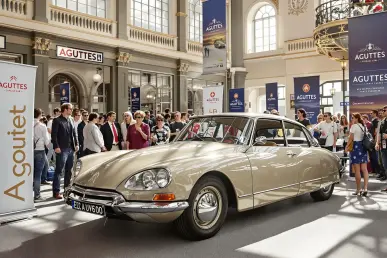 Une Citroën DS classique exposée lors d'une vente aux enchères animée avec des enchérisseurs enthousiastes.