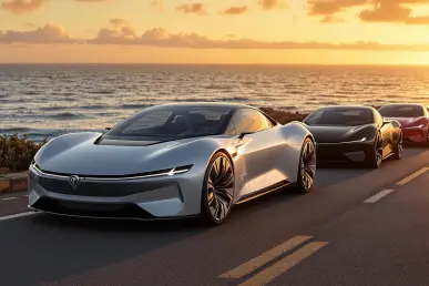 Trois voitures électriques modernes alignées sur une route côtière au coucher du soleil.
