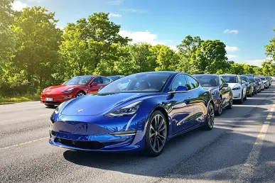 Une série de voitures électriques alignées sur une route de campagne ensoleillée avec un ciel dégagé.