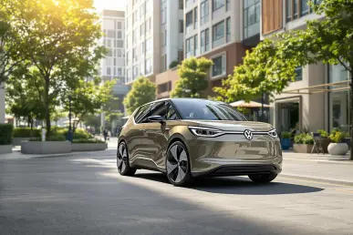 La Volkswagen ID.2 stationnée dans une rue urbaine avec une architecture moderne.