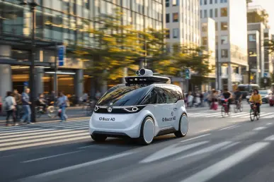 La Volkswagen ID.Buzz AD navigue dans une ville animée au crépuscule.
