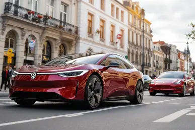Une scène de rue européenne avec une Volkswagen ID.4 et une Tesla Model 3 en mouvement.