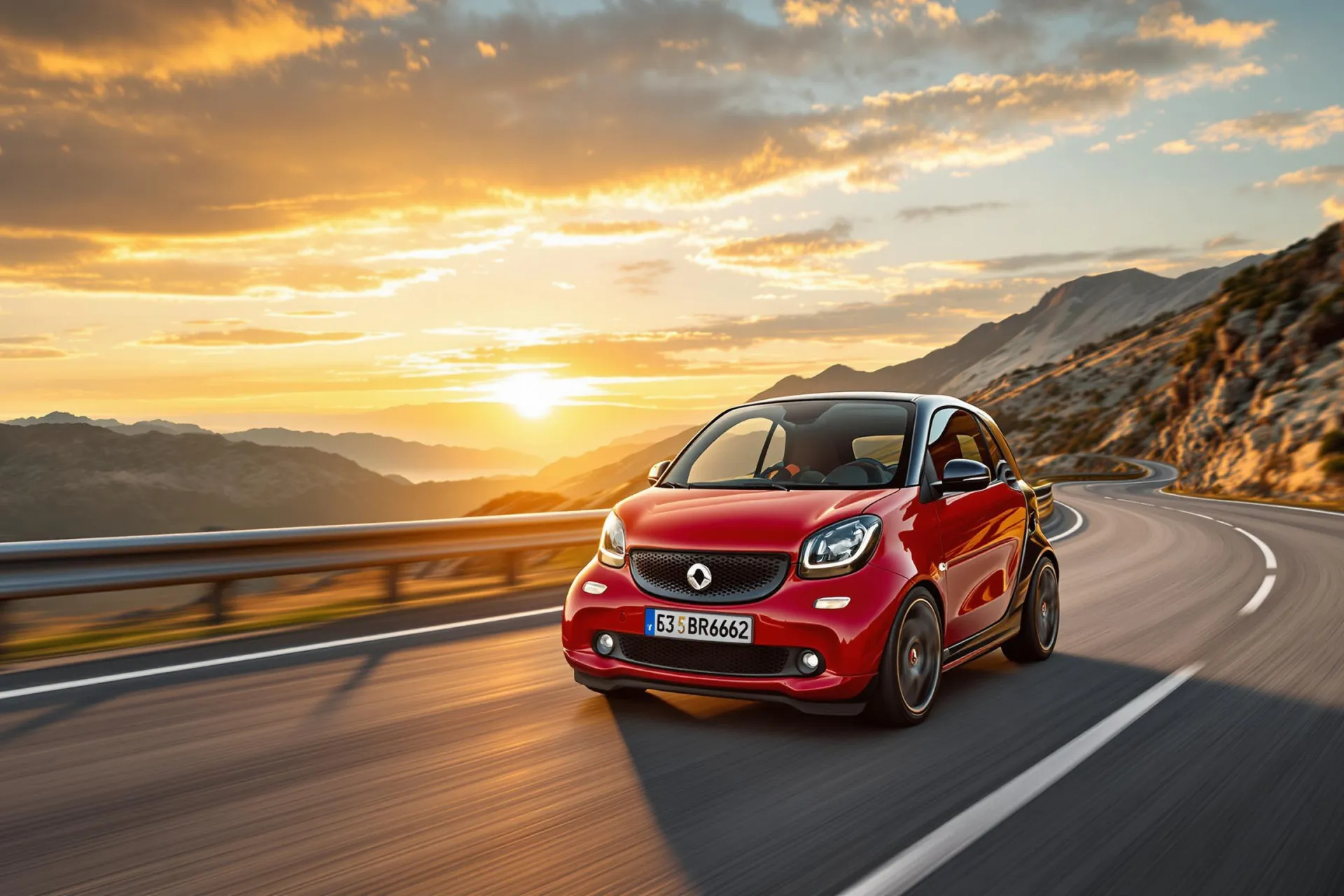 La Smart #5 Brabus roule sur une route de montagne au coucher du soleil.