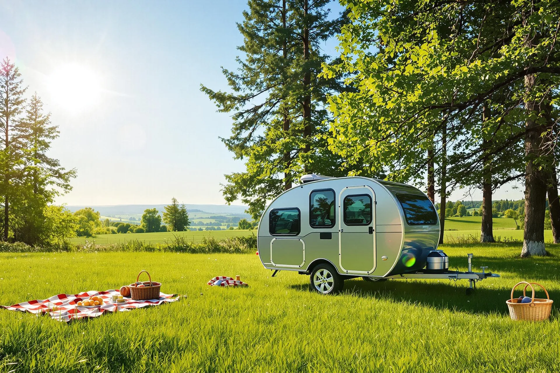 La mini-caravane Teardrop Highway Lite est stationnée dans un pré verdoyant sous un ciel bleu.