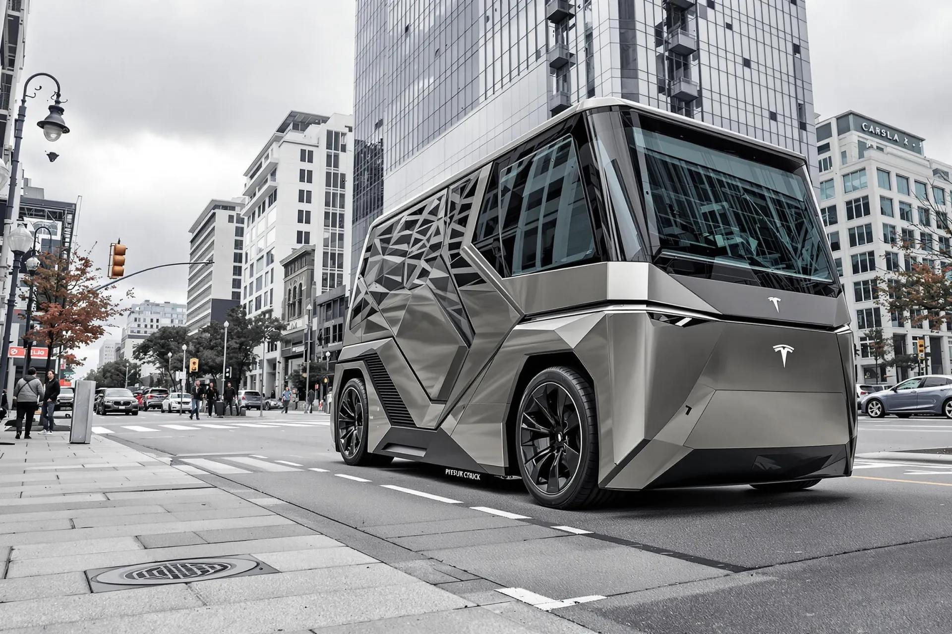 Un Tesla Cybertruck garé dans une ville, entouré de bâtiments modernes et rues animées.
