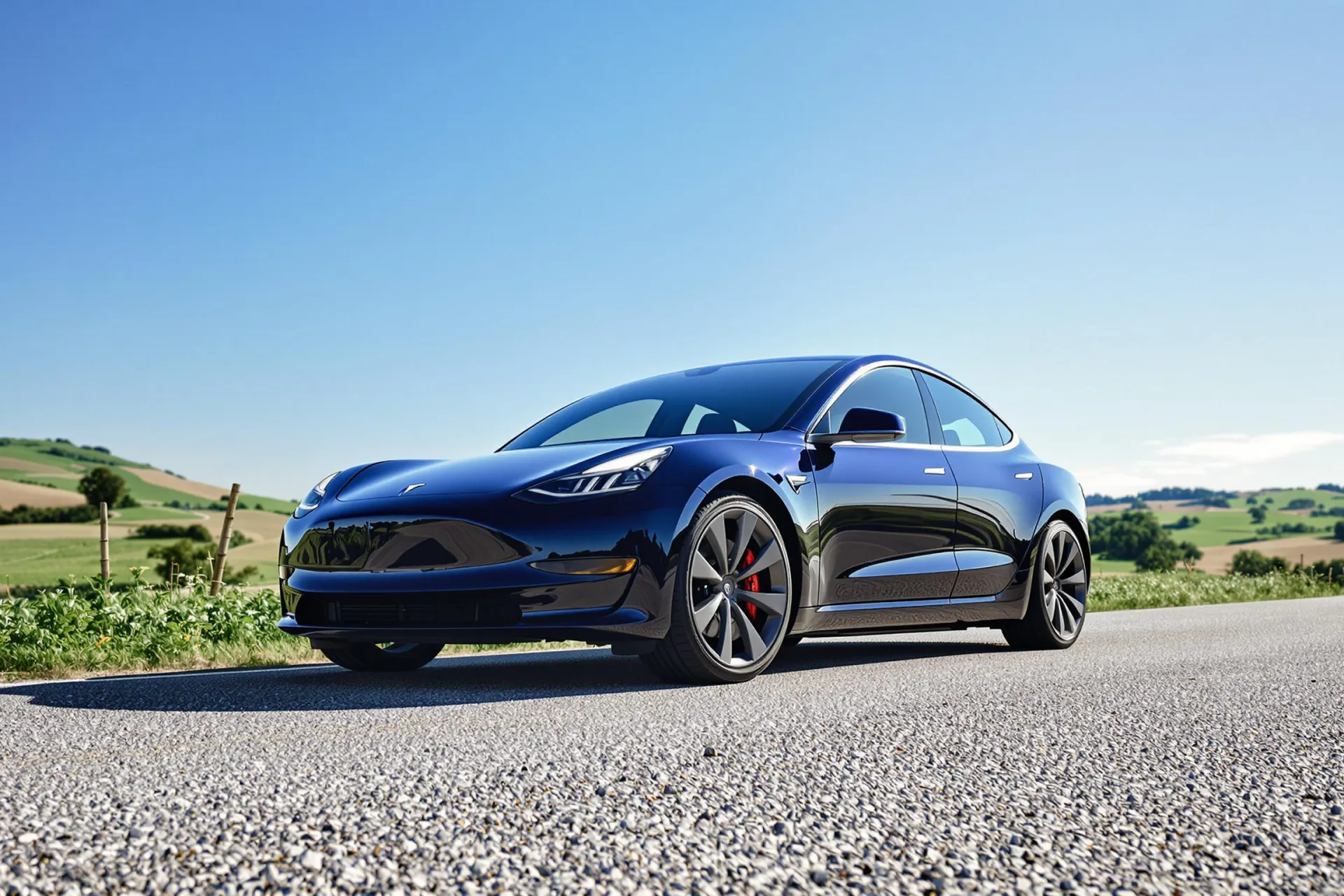 Une Tesla Model 3 est garée sur une route rurale, entourée de collines et d'un ciel bleu.
