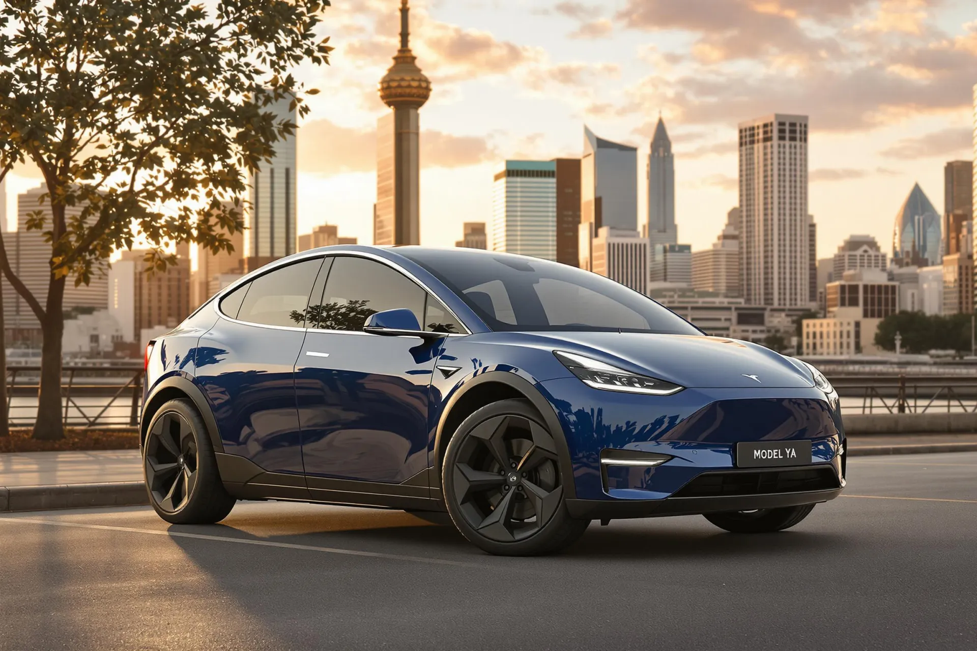 La Tesla Model Y compacte, bleu métallisé, stationnée devant une skyline urbaine au coucher du soleil.