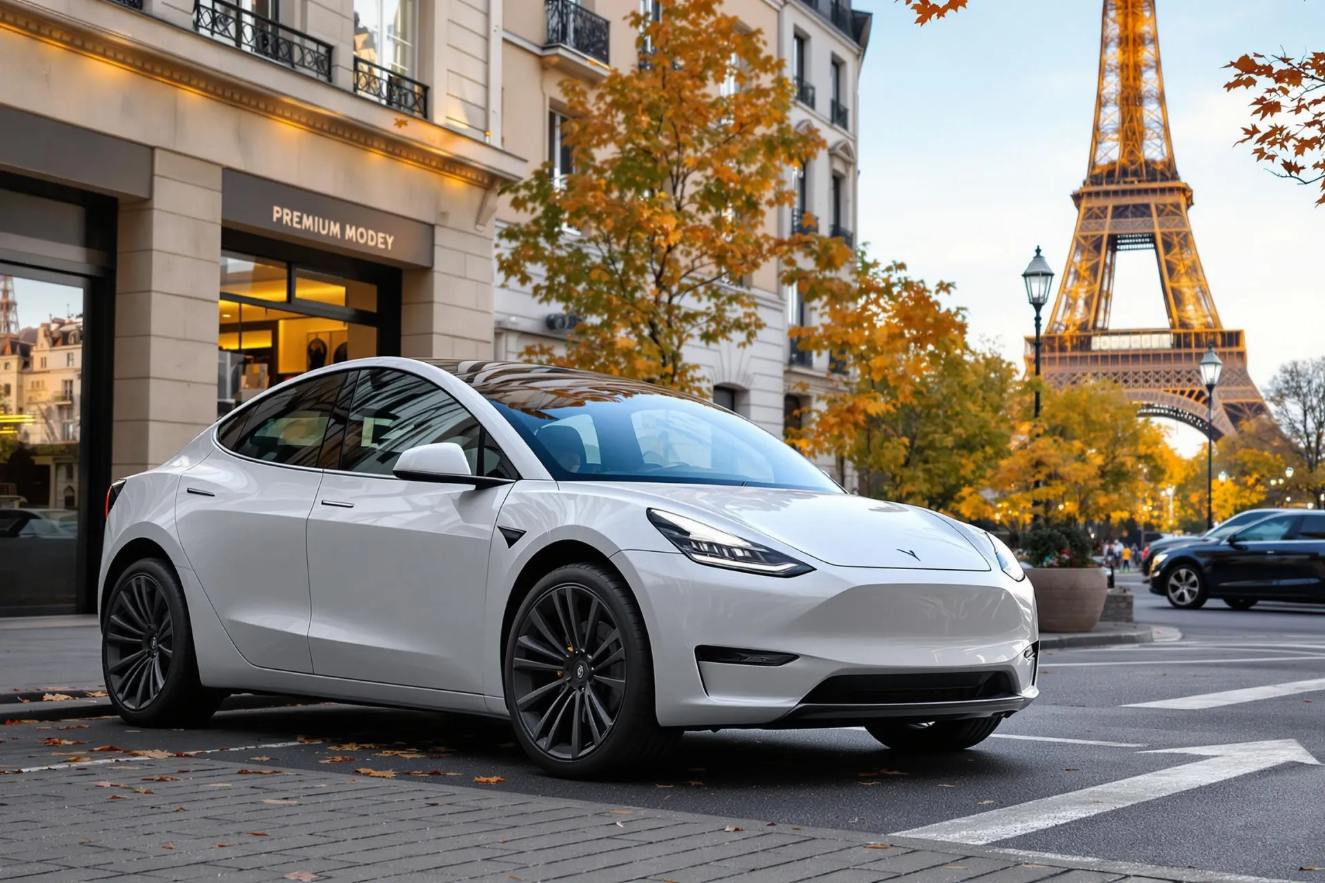 Une Tesla Model Y blanche stationnée à Paris près de la Tour Eiffel, reflétant les lumières urbaines.