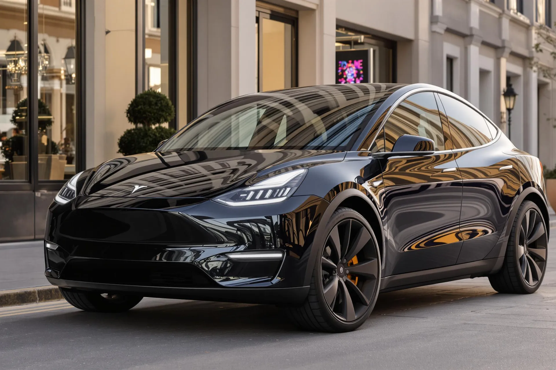 Un Tesla Model Y restylé de couleur moderne stationné dans un environnement urbain, montrant sa nouvelle signature lumineuse à LED connectée à l'avant.