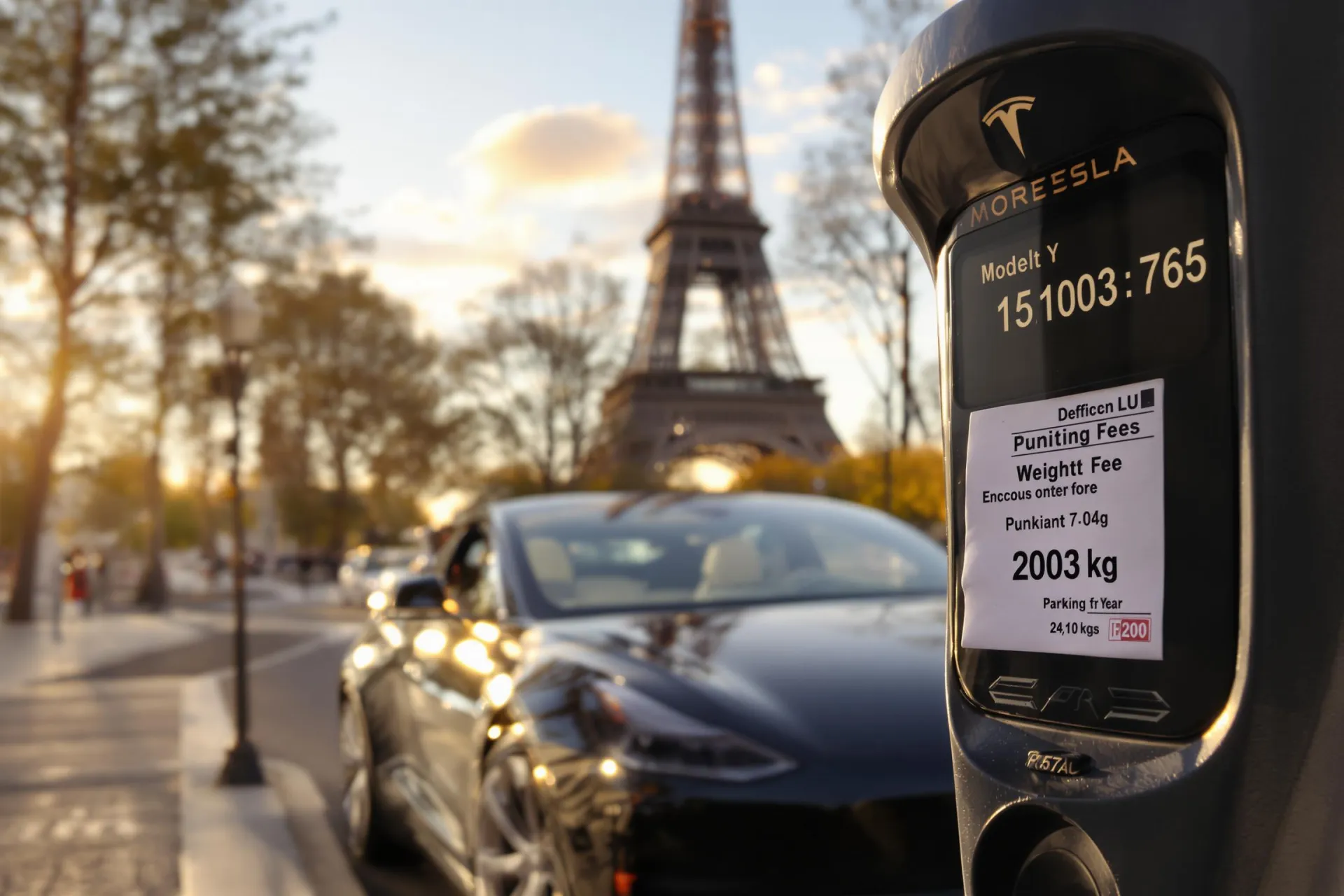 Une Tesla Model Y garée près d'un horodateur parisien affichant un tarif élevé, avec la Tour Eiffel visible en arrière-plan.