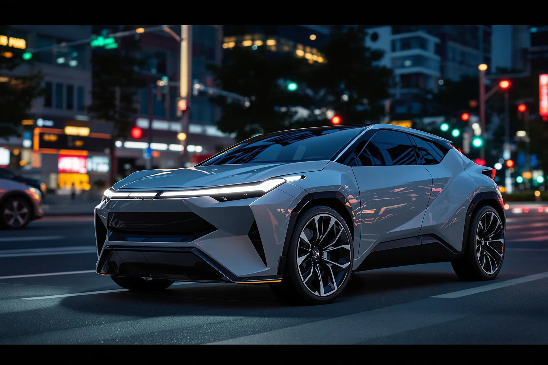 La Toyota C-HR+ électrique 2025 avec design coupé, illuminée en ville au crépuscule.