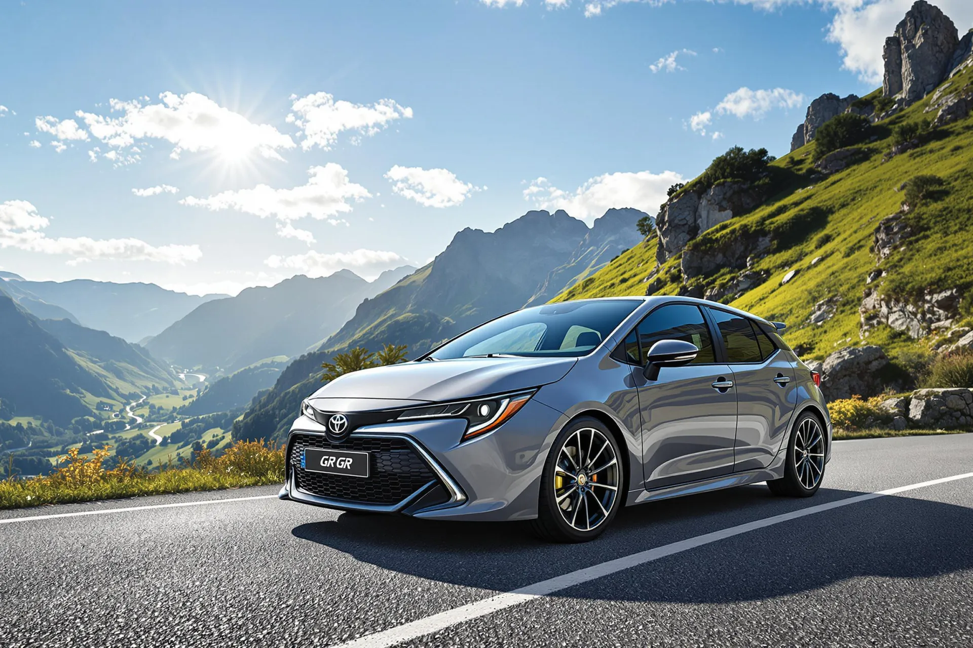 La Toyota GR Corolla stationnée sur une route de montagne avec un paysage européen.