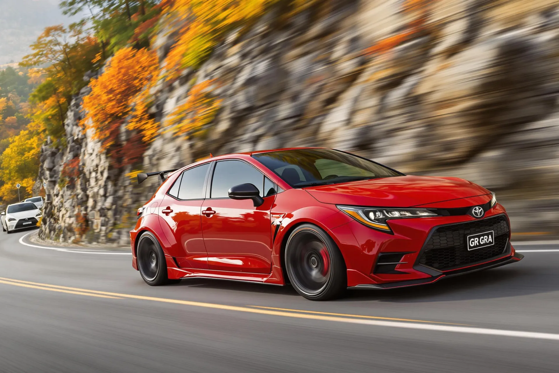 Une Toyota GR Corolla rouge vif négocie un virage sur une route de montagne sinueuse, mettant en valeur sa carrosserie élargie et son allure sportive.