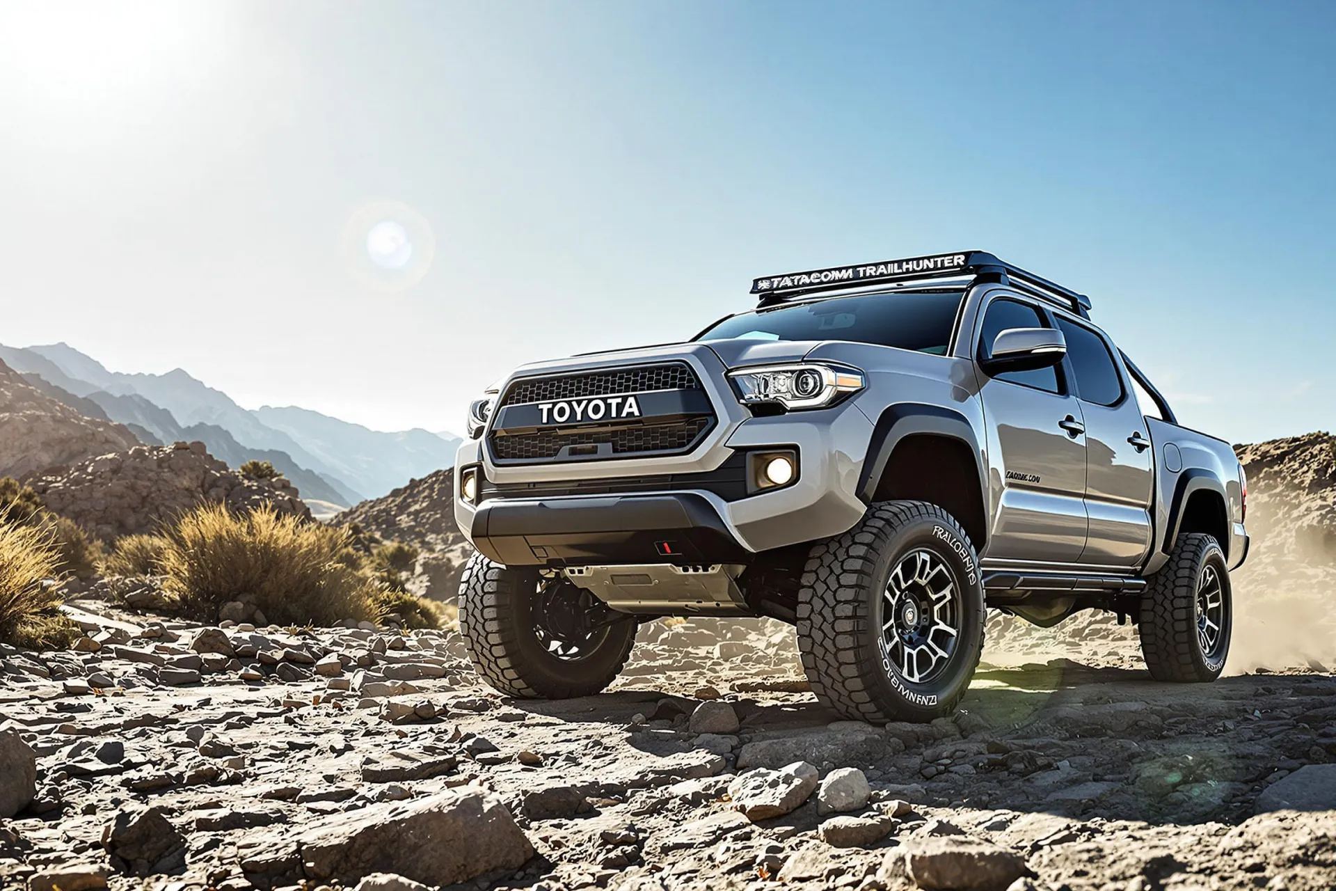 La Toyota Tacoma Trailhunter 2025 sur un terrain rocheux avec montagnes en arrière-plan.