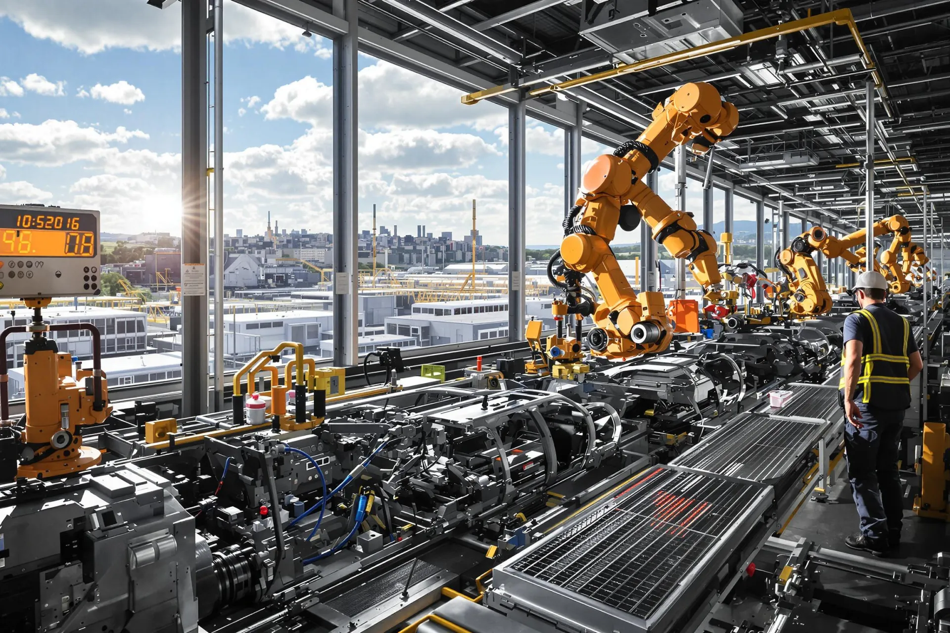 Une usine automobile moderne en France avec des bras robotiques en action sous un ciel lumineux.