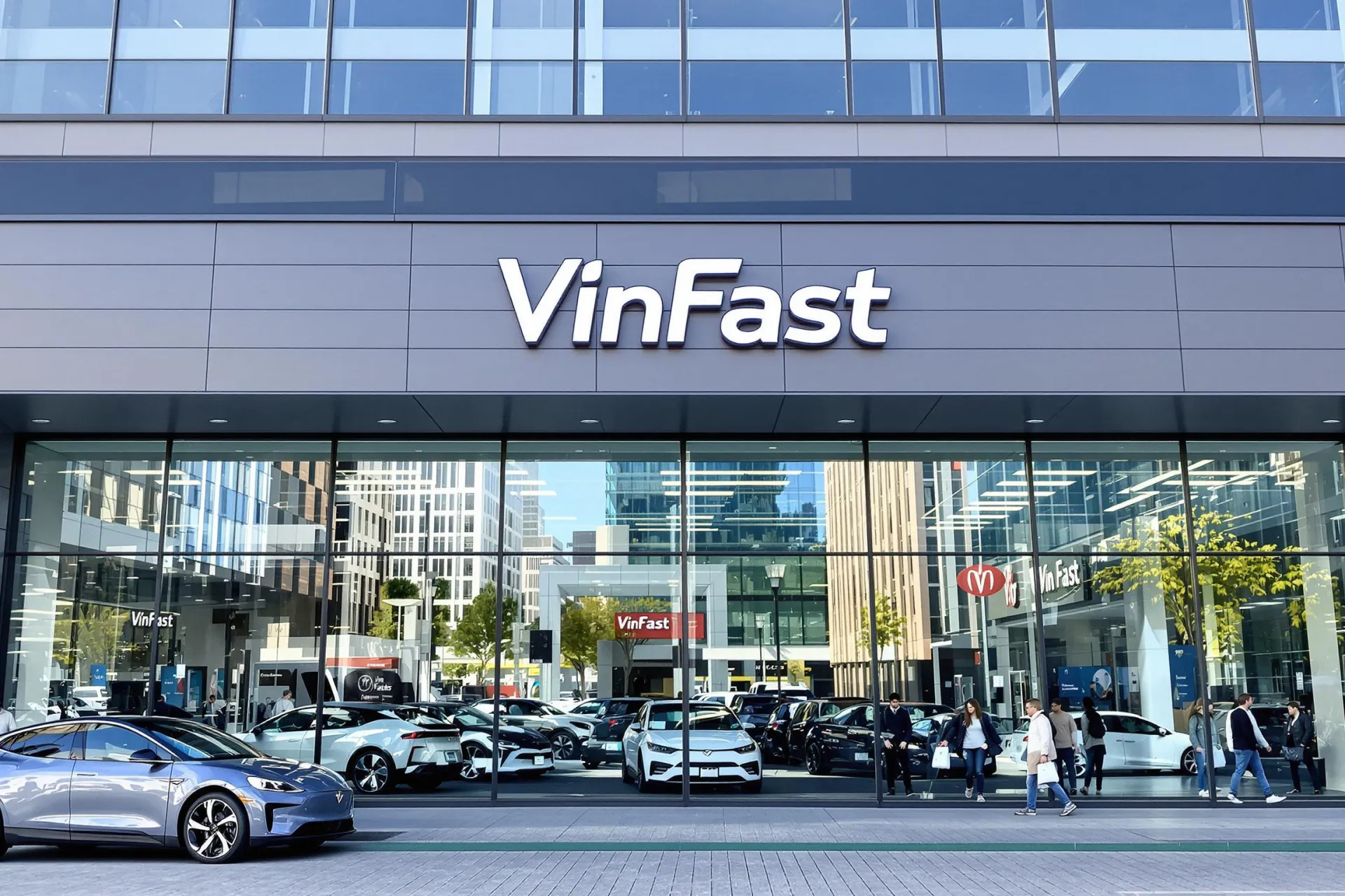 La façade moderne d'un magasin VinFast au Canada avec voitures électriques en vitrine.