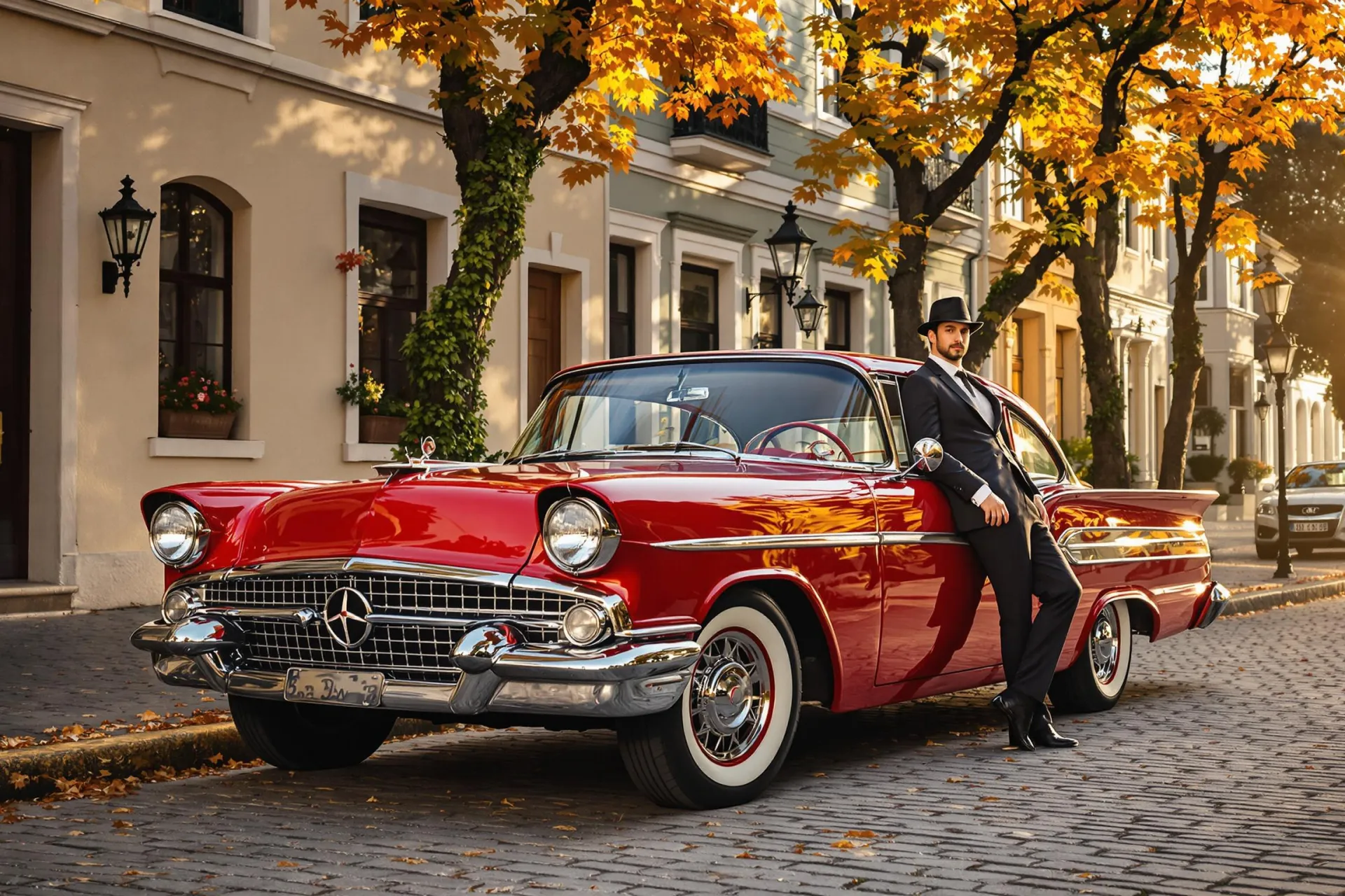Une voiture ancienne rouge sur rue pavée, éclairée par la lumière dorée du soir.
